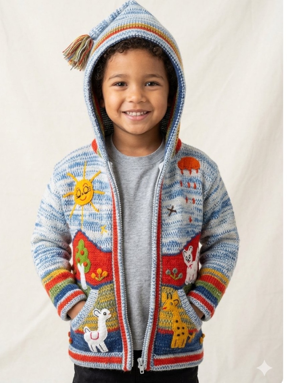 Peru Alpaca World Handmade Kids Sz 8 Sweater Hooded Alpaca Wool Animal Appliqués